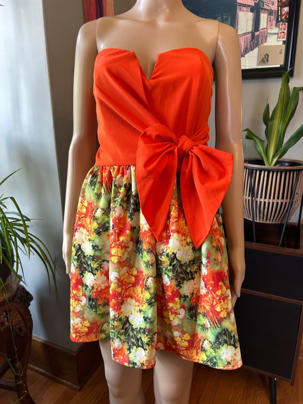 Francesca's Collections Orange Strapless Floral Bow Dress